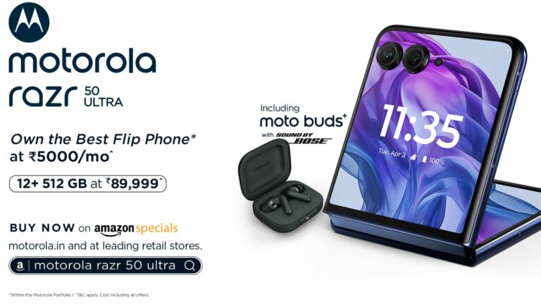 motorola razr 50 ultra featuring the largest and most intelligent external display and the only flip phone with Google’s Gemini AI on the external display, goes on sale at an incredibly effective price of just Rs. 89,999* or Rs5000/mo