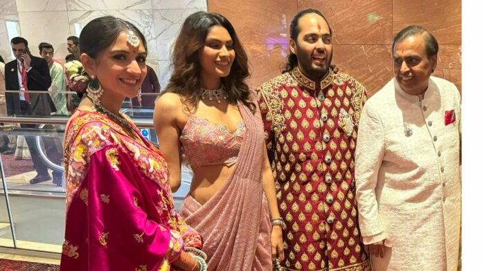 Please find below the article for-Actor, former Miss India and winner of the prestigious international beauty pageant Miss United Continents winner Lopamudra Raut with newly-wed couple Anant Ambani and Radhika Merchant and chairman of Reliance Industries Ltd Mukesh Ambani during the couple’s grand wedding wedding ceremony held at Jio Convention Centre in Mumbai.